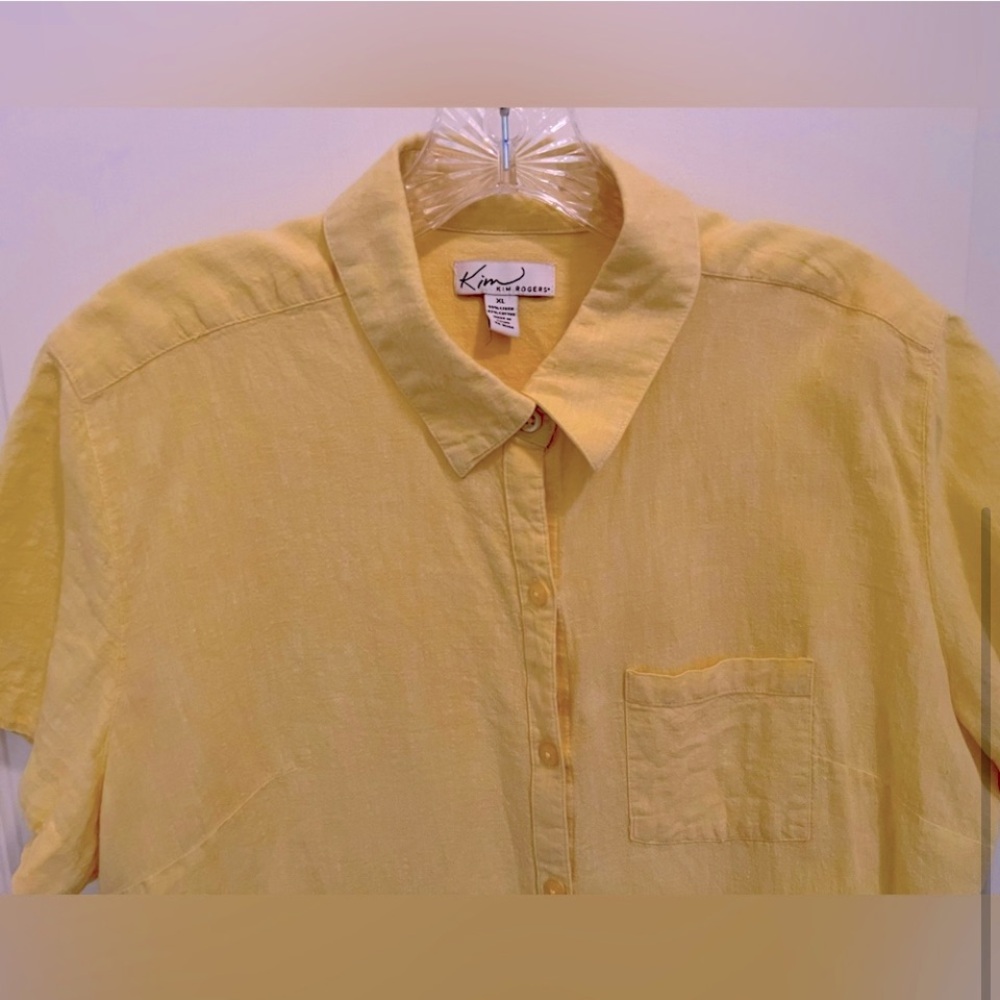 Linen Blouse button down, short sleeve collared shirt Tops Yellow